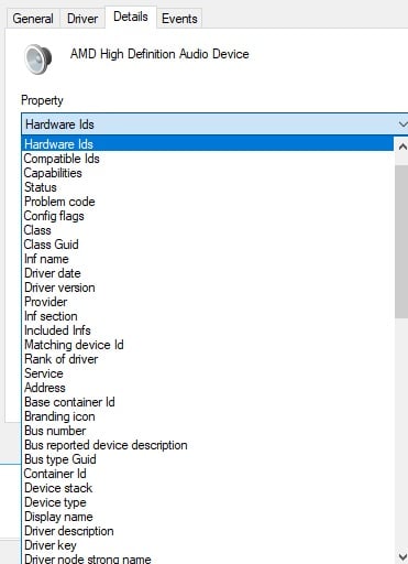Hardware Ids from the Property dropdown Hardware Ids from the Property dropdown