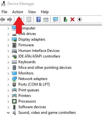 At the top of your Device Manager, select the Action menu option At the top of your Device Manager, select the Action menu option