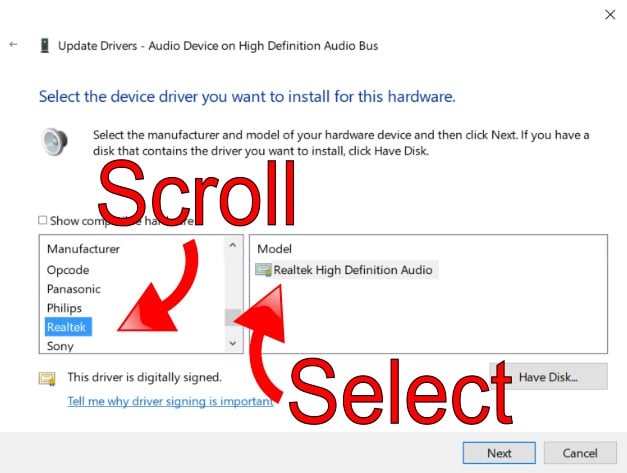 Select Realtek High Definition Audio from List Select Realtek High Definition Audio from List