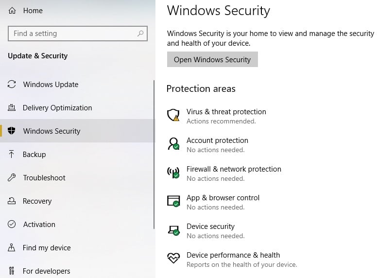 Open Windows Security Open Windows Security