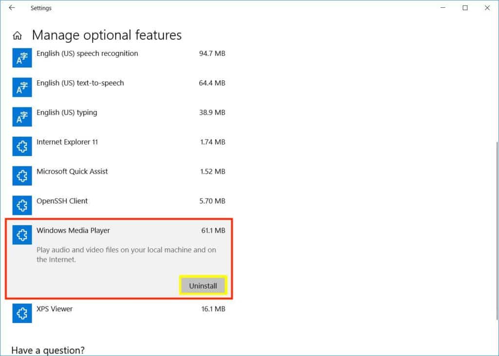 uninstall media option uninstall windows media player