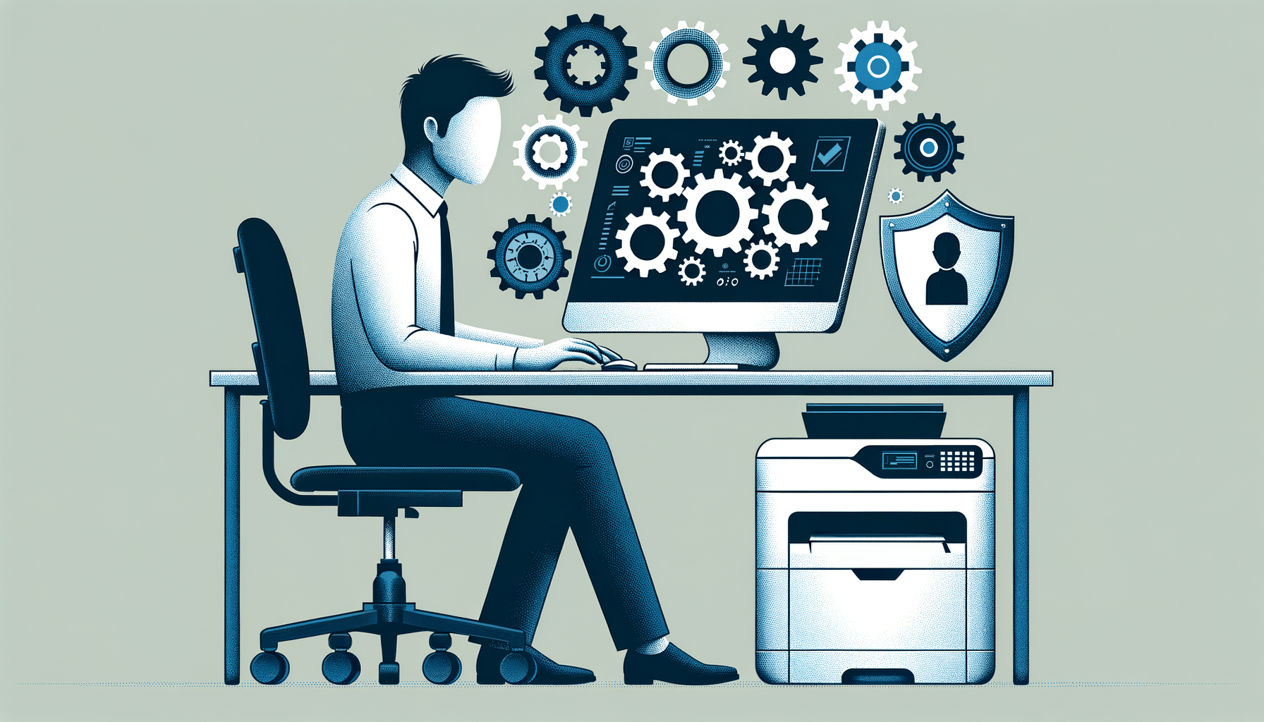 Canon PIXMA TR8520 driver update process illustrated with gears and shield symbols