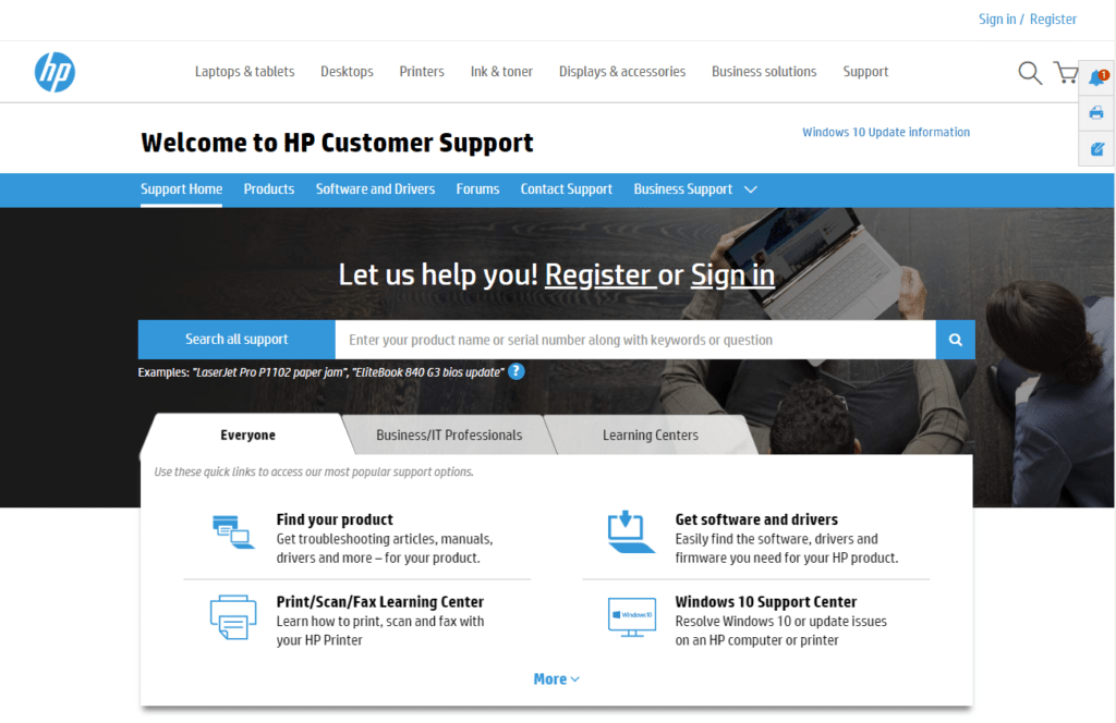 HP Customer Support site HP Customer Support site