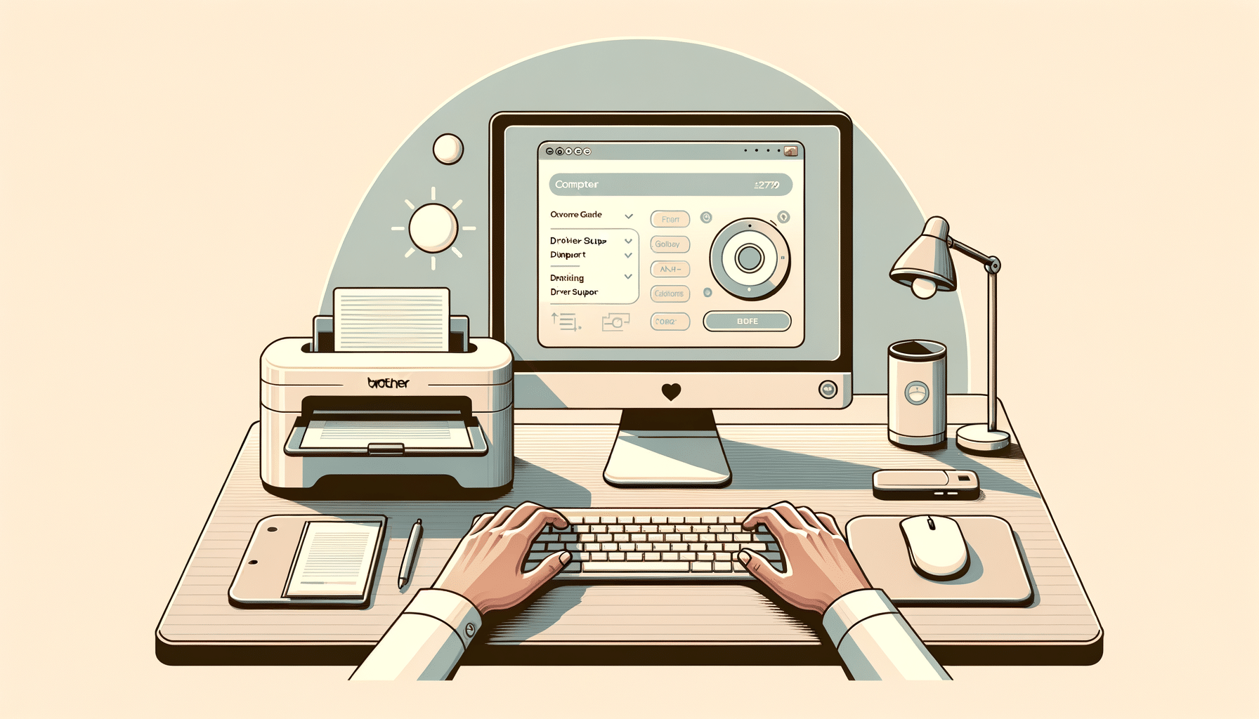 Illustration of DriverSupport software updating Brother ADS-2700W scanner on a desktop in an office environment