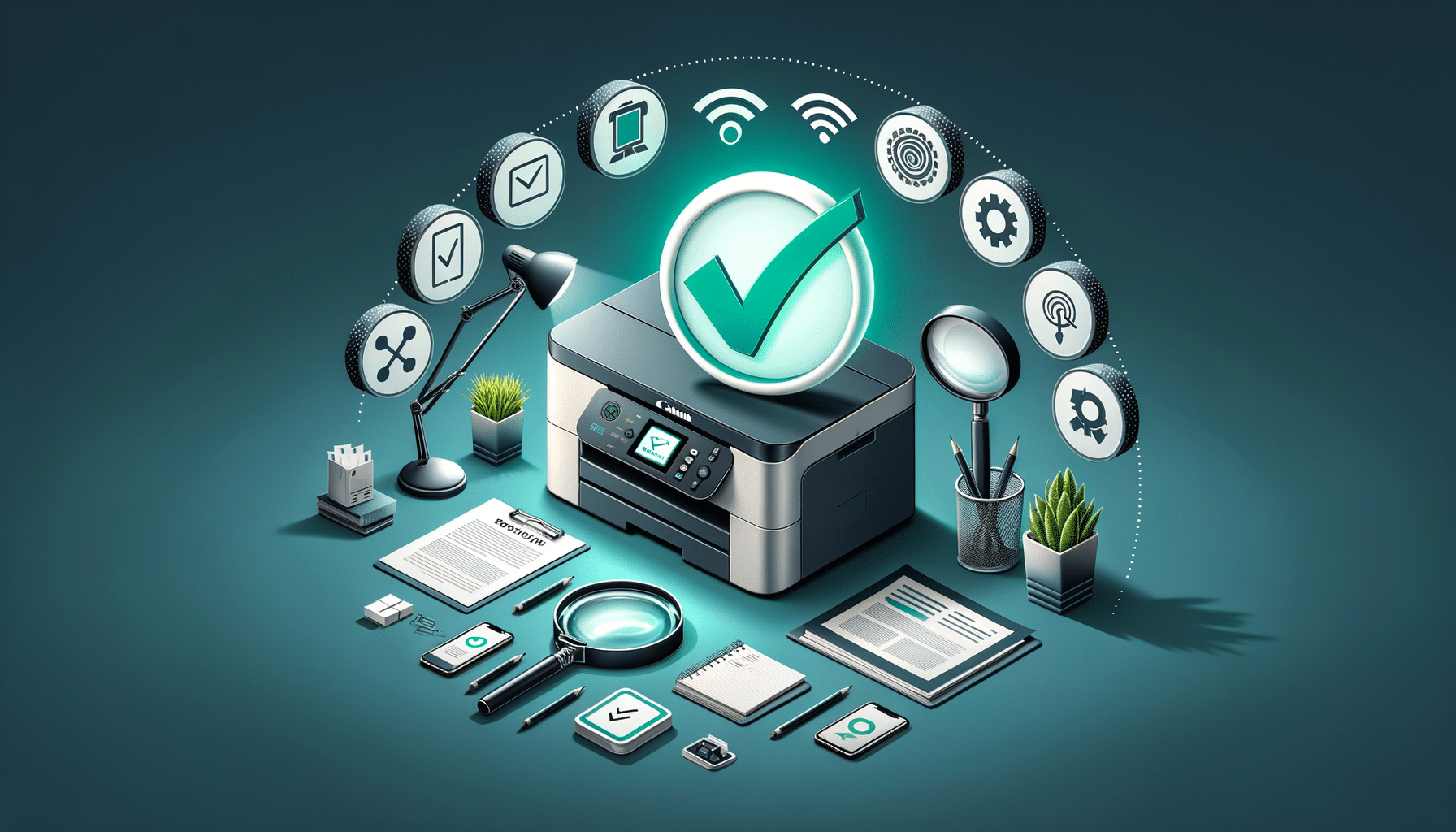 Canon MG2900 printer with checkmark and troubleshooting icons in a home office setting