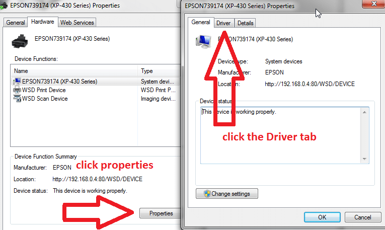 click the Properties button, then click the Driver tab
